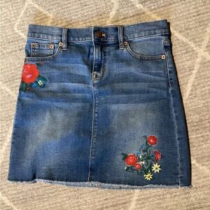 J. Crew Blue Denim Mini Skirt with Red Floral Embroidery
